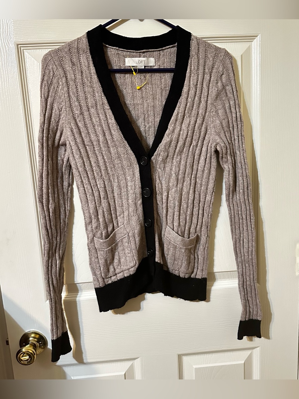 LOFT Taupe Cable Knit Cardigan with Black Trim
